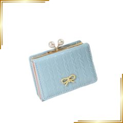 【新品】 [songhe] 三つ折り財布レディース財布がま口 大容量 かまぼこ型 パール がま口財布リボン付き カード入れ 小銭入れコンパクト可愛いミニウォレット (ブルー) 0