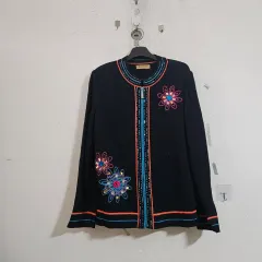 花 刺繍ジップアップカーディガン黒
