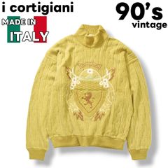 【希少】 90sヴィンテージ イタリア製 コルティジャーニ i cortigiani エンブレムデザイン モックネック ケーブル ニット セーター 46 マスタード メンズ