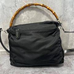 【GUCCI】グッチ 2WAY ハンドバッグ ショルダーバッグ ブラック ナイロン レザー バンブーハンドル シルバー金具 斜め掛け レディース 軽量