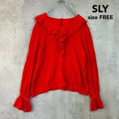SLY スライ FREE フリルブラウス ブラウス シャツ 長袖 フリル襟 キャンディースリーブ リネン混 麻混 トップス カットソー プルオーバー レッド 無地 カジュアル フェミニン ガーリー ★ ■◇ ◇■