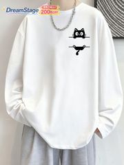 新品 男女兼用 Y2K アニメ カワイイ Tシャツ - 面白い穴から覗く黒猫 長袖Tシャツ、リラックスフィット、ティーン・大人向け、洗濯機洗い可、秋用カジュアルシャツ、ギフトアイデア