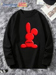 新品 大きいサイズ 100% 長袖Tシャツ、漫画風 赤いウサギ柄 長袖Tシャツ、可愛いウサギプリント ラウンドネックTシャツ、秋に着るための長袖で快適なカジュアルベース