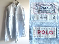 80sビンテージ Polo Ralph Lauren ラルフローレン ロゴピスネーム ガチャポケ シャンブレー ワークシャツ M フェードインディゴ USA企画