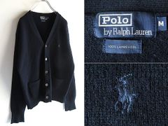 希少 90sビンテージ Polo by Ralph Lauren ラルフローレン LAMBS WOOL ポロポニーロゴ刺繍 ウール ニット カーディガン M ダークネイビー