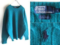 希少 90sビンテージ Polo by Ralph Lauren ラルフローレン ポロポニーロゴ刺繍 ウール ケーブルニット セーター L エメラルドグリーン