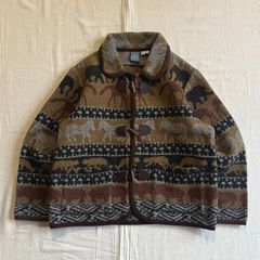 90s　vintage　IVY　MADE IN MEXICO　メキシコ製　ウール混　短丈ダッフルジャケット　襟付きブルゾン　アニマル柄×幾何学柄　トグルボタン　フロントポケット　Sサイズ　一点物　グランジ　アメカジ　個性派　ビンテージ古着　サブカル　古着コーデ
