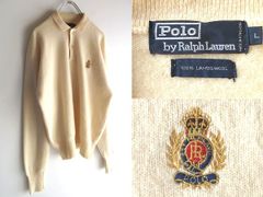 希少 90sビンテージ Polo by Ralph Lauren ラルフローレン エムブレムロゴ刺繍 ウール ロングスリーブ ニットポロシャツ L エクリュ 香港製