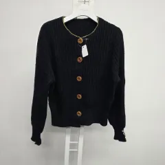 ブラック ラウンドネック ボタン カーディガン