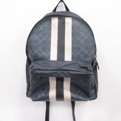 コーチ チャールズ ヴァーシティ シグネチャー ストライプ バックパック リュック レザー 紺 メンズ