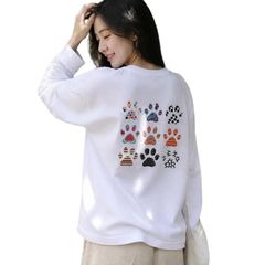 【新品】 [Cadolo] 長袖tシャツ レディース 綿 白 バックプリント 肉球 足跡 ゆったり tシャツ 長袖 カジュアル 秋物 トップス