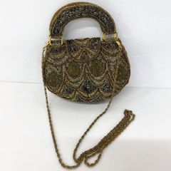 ビーズバッグ/ハンドバッグ/チェーンショルダーバッグ ゴールド系 総柄 刺繍 パーティーバッグ レディース[OR03814]