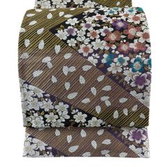 【美品】 袋帯 秀品 桜 桜の花びら 金糸 刺繍 灰紫 六通 正絹 【中古】