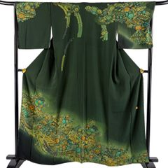 訪問着 身丈163cm 裄丈67.5cm L 袷 落款 辻が花柄 椿 ぼかし 絞り 深緑 正絹 名品 【中古】