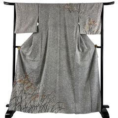 訪問着 身丈168cm 裄丈67cm M 袷 草花 すすき 金彩 灰色 正絹 秀品 【中古】