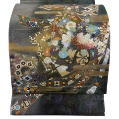 【美品】 袋帯 名品 落款 花車 ヱ霞 金銀彩 螺鈿 深緑 お太鼓柄 正絹 【中古】