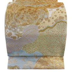 袋帯 名品 川島織物 落款 草花 菱 金銀糸 箔 金色 六通 正絹 【中古】