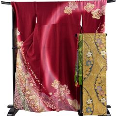 【美品】 振袖 身丈166cm 裄丈70.5cm L 袷 袋帯フルセット 桜 流水 金通し 絞り 赤 正絹 名品 【中古】