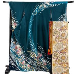 振袖 身丈168cm 裄丈69.5cm L 袷 袋帯フルセット 草花 鞠 金糸 銀通し 深緑 正絹 秀品 【中古】