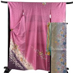 【美品】 振袖 身丈161cm 裄丈68cm L 袷 袋帯フルセット 花丸文 蝶 金糸 金彩 ピンク 正絹 秀品 【中古】
