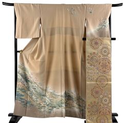 【美品】 訪問着 身丈160cm 裄丈67cm M 袷 袋帯セット 落款 松竹梅 風景 ぼかし ベージュ 正絹 秀品 【中古】