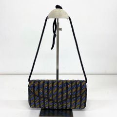 美品 ビーズバッグ/ショルダーバッグ/クラッチバッグ ストライプ柄 ネイビー/ゴールド/ブラック パーティーバッグ レディース[OK06278]