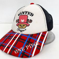 美品 ONE PIECE/ワンピース チョッパー メッシュキャップ/帽子 チェック柄 赤/白/黒 WANTED 刺繍 アニメ キャラクター グッズ[OB04895]