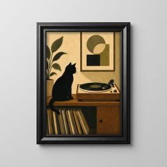 【額縁付B5】アートポスター P-00071 黒猫とレコードプレイヤー シルエット絵画風 一人暮らし 書斎 猫好き おしゃれ インテリア 壁飾り