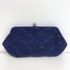 ビーズバッグ/クラッチバッグ ネイビー がま口 青 扇柄 和装小物 パーティーバッグ レディース[OO01321]