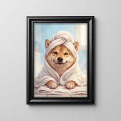 【額縁付B5】アートポスター P-00316 タオルターバンの柴犬 湯上がり 絵画風 ほっこり 癒し 犬好き おしゃれ インテリア 壁飾り