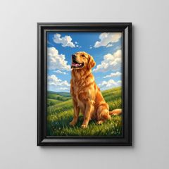 【額縁付B5】アートポスター P-00293 青空と草原 ゴールデンレトリバー 絵画風 爽やか 犬 犬好き お酒好き おしゃれ インテリア 壁飾り