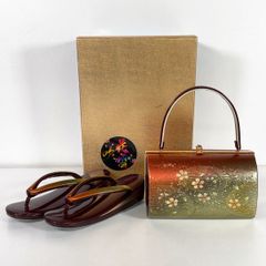 まとめて2点セット 花吹雪 和装小物 草履/バッグ オレンジ系/ゴールド/ラメ 桜柄 礼装用 フォーマル 振袖/着物 箱付[OI04728]