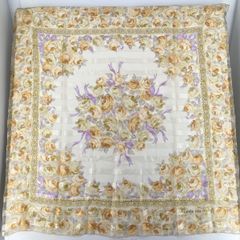 美品 PIERRE BALMAIN ピエールバルマン 絹100% スカーフ 花柄/バラ/リボン アイボリー×ベージュ C-TK 1850[OO01325]
