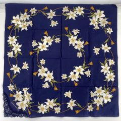 極美品 PIERRE BALMAIN ピエールバルマン ハンカチ ネイビー/紺 ユリ/百合 花柄 レース刺繍[OO01338]