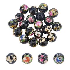 【新品】 UNICRAFTALE 約20個 ガラスビーズ グラスビーズ 12mm ビーズ トンボ玉 花柄 和ビーズ 桜柄 ブラック 丸玉ビーズ ラウンドビーズ とんぼ玉 ハンドメイドパーツ ブレスレット用 DIY用 手芸材料 手作り素材