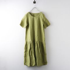 ヤンマ産業 YAMMA 染色加工 リネン ウエスト切替ワンピース グリーン系┃チュニック 麻 ドレス【2400015208688】