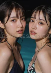【高解像度 A4ポスター】清楚美人 水泳女子 黒髪ショートヘア 笑顔 ビーチ 海辺 夏の日差し #X5192