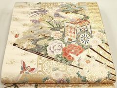 平和屋本店▼六通柄袋帯　唐織　献上花鳥文　九百本金貮重箔　正絹　逸品　DABL7558sf
