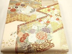 平和屋本店▼六通柄袋帯　唐織　華宝錦　群れ鶴花車文　本金箔　正絹　逸品　DABL7574sf