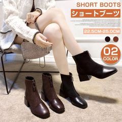 ショートブーツ レディース 厚底 太ヒール クラシック スクエアトゥ ブーツ フロントジップ ショート おしゃれ かわいい シューズ ブーティ ハイカット エンジニア ハイヒール 通勤 美脚 カジュアル シンプル こなれ感 春秋冬 デイリー