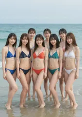 【高解像度 美人画】美人 海辺 水着 青空 自然光 清楚 可愛い 水色 青 紺 オレンジ 緑 白 #X51CF