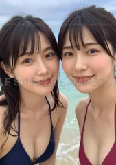【厳選 インテリアアート】美人姉妹 海水浴 美少女 水着 青空 笑顔 夏の思い出 清楚 清涼感 #X51E1
