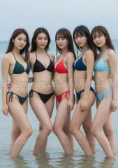 【高解像度 美人画】美人5人 水着 海辺 清楚 可愛い 夏の思い出 ポートレート #X51F4