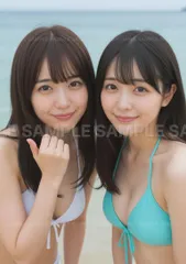 【アートポスター】美人 水着 海辺 笑顔 黒髪 ショートヘア 白水着 青水着 夏の日差し #X51F9