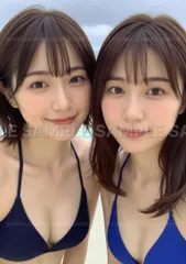 【アートポスター】清楚系美人 二人 海水浴場 夏の日差し 青空 水着 笑顔 ポートレート #X51FF