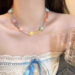 ネックレス レディース カラフル ビーズネックレス フラワー 花 星 スター パステルカラー マルチカラー チョーカー ショートネックレス ポップ 可愛い 個性的 おしゃれ  重ね付け デート 女子会 お出かけ 誕生日 プレゼント ギフト対応 BOX包装