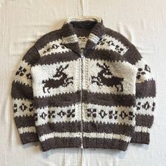 ～90s　vintage　MADE IN CANADA　カナダ製　100％ウール　ジャガードニット　フルジップアップ　短丈カーディガン　肉厚カウチン　トナカイ　フェアアイル柄　へちま襟　ショールカラー　アメカジ　C-BOY　cowichan sweatr