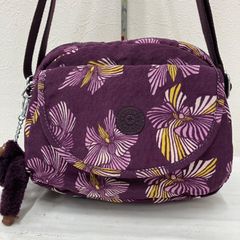 A6　Kipling キプリング　ショルダーバッグ　パープル　紫　花柄　レディース　軽量　小さめ　ミニ　チャーム付き