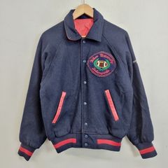 90s リバーシブル スタジャン アメフト 日大 ブルゾン ワッペン 刺繍 アメリカンフットボール部 アメフト 日大桜ヶ丘 日本製 カレッジ アメカジ 古着 スポーツ ヴィンテージ ネイビー レッド M J326