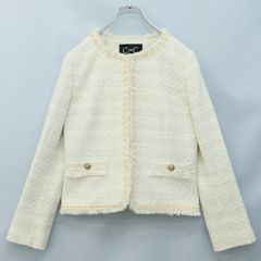 【美品】クードシャンス★上品ツイード♪ノーカラージャケット サイズ38 アイボリー系 フリンジ使い♪z23615